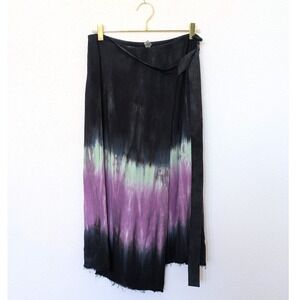 NWT Raquel Allegra Tie Dye Wrap Midi Skirt Black Purple Mint Raw Hem Size M